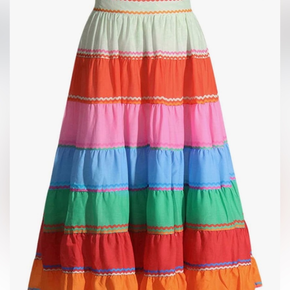Two Twin Style Striped w printed ribbon accents flared Midi Skirt Asian size XL
